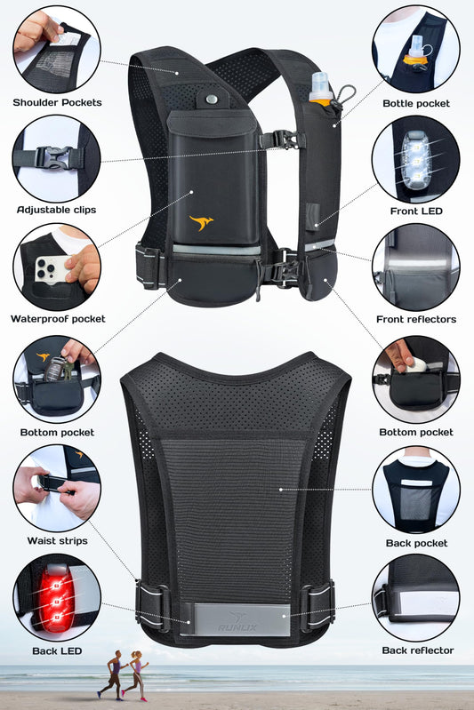 RUNLIX Running Vest for Women Men - Reflective Running Hydration Vest with 500ml Soft Water Bottle, Phone Holder, 2 LED Lights USB Rechargeable - 7 Pockets Runners Backpack Trail Jogging Marathon