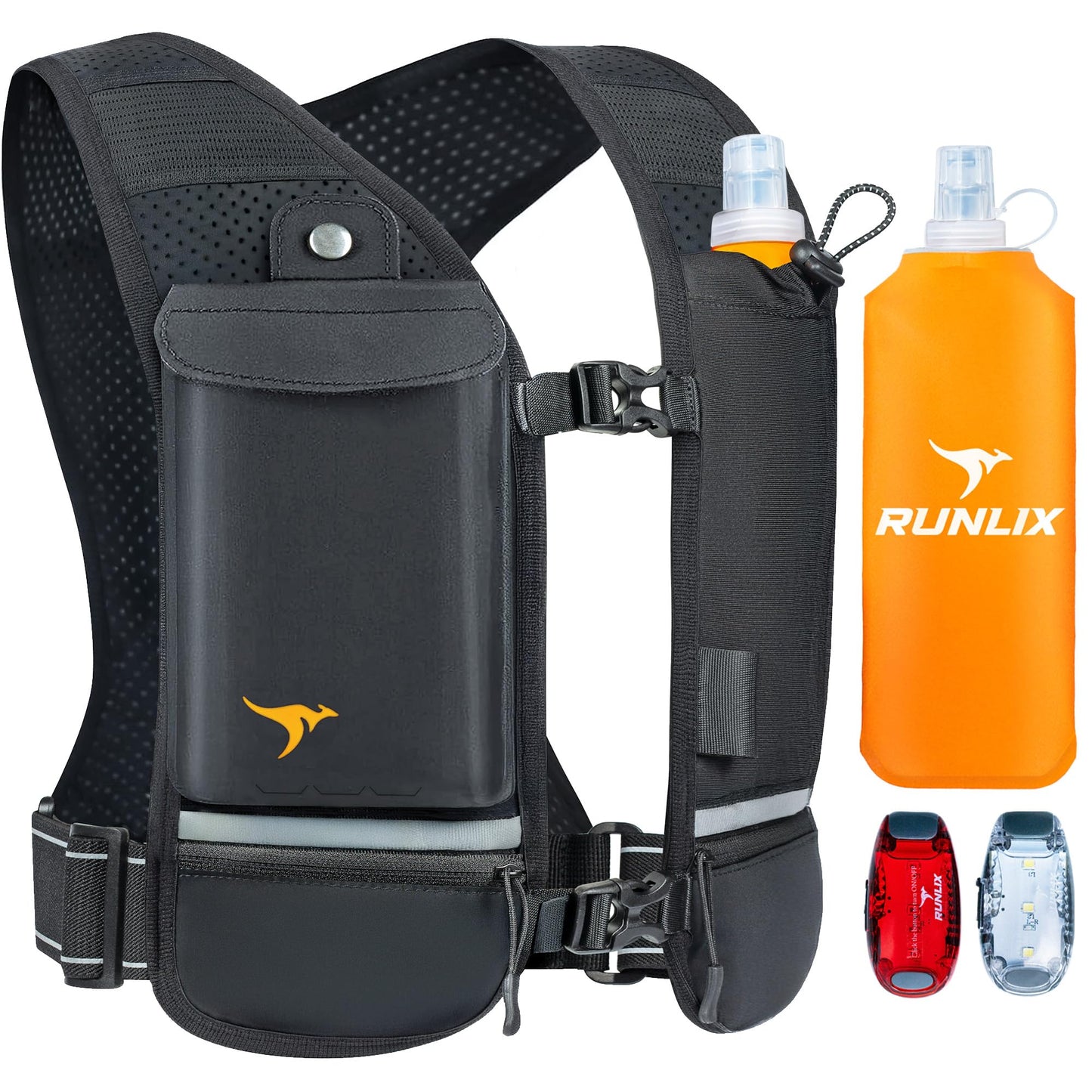 RUNLIX Running Vest for Women Men - Reflective Running Hydration Vest with 500ml Soft Water Bottle, Phone Holder, 2 LED Lights USB Rechargeable - 7 Pockets Runners Backpack Trail Jogging Marathon