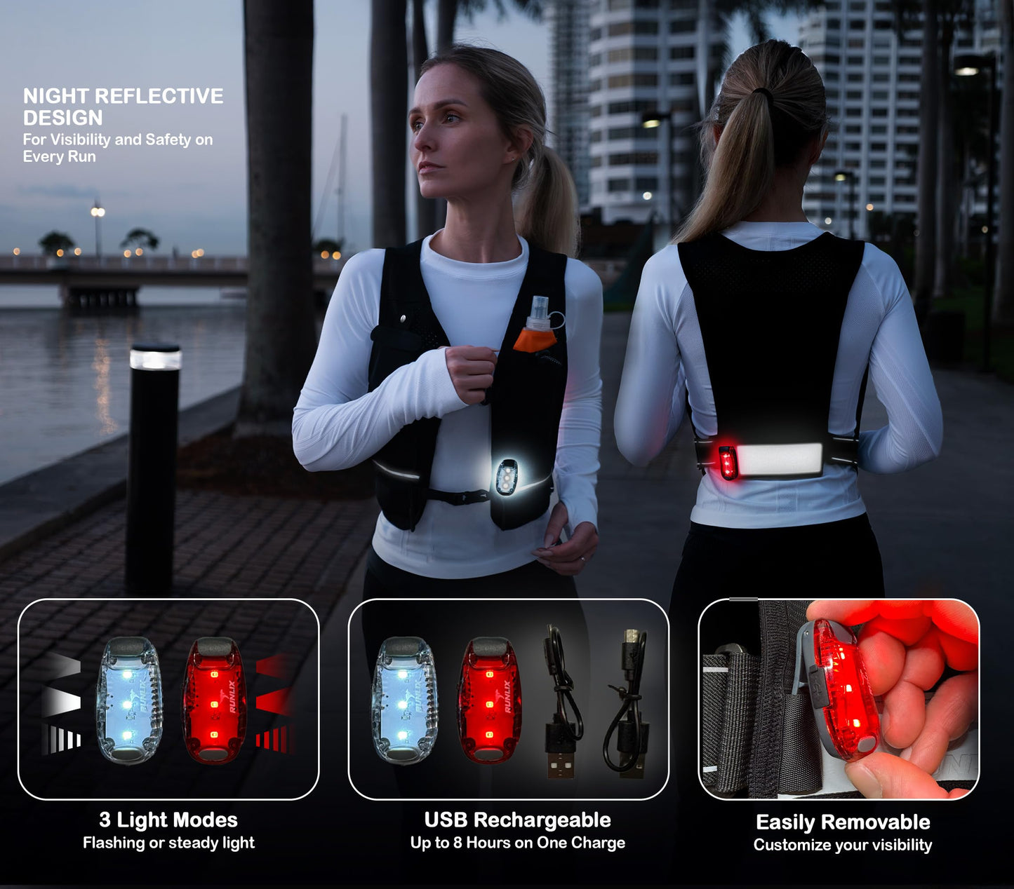 RUNLIX Running Vest for Women Men - Reflective Running Hydration Vest with 500ml Soft Water Bottle, Phone Holder, 2 LED Lights USB Rechargeable - 7 Pockets Runners Backpack Trail Jogging Marathon