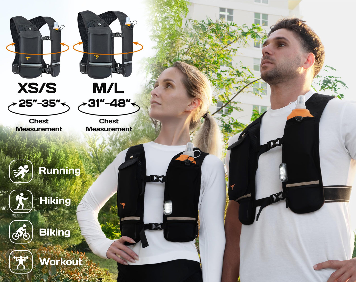 RUNLIX Running Vest for Women Men - Reflective Running Hydration Vest with 500ml Soft Water Bottle, Phone Holder, 2 LED Lights USB Rechargeable - 7 Pockets Runners Backpack Trail Jogging Marathon